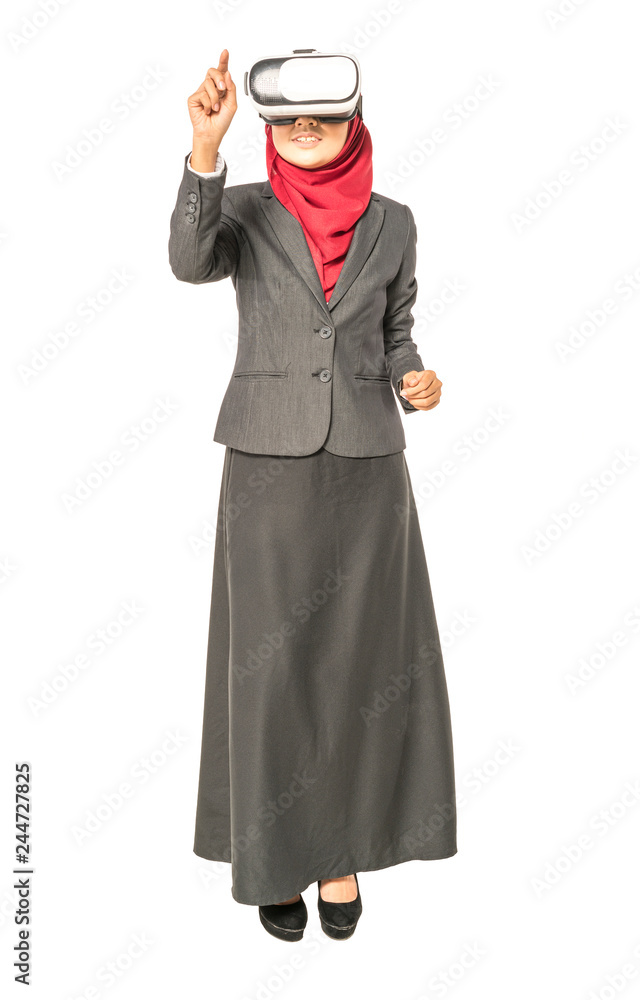 Veiled businesswoman wearing vr (Virtual Reality) box with white background. Technology conceptual.