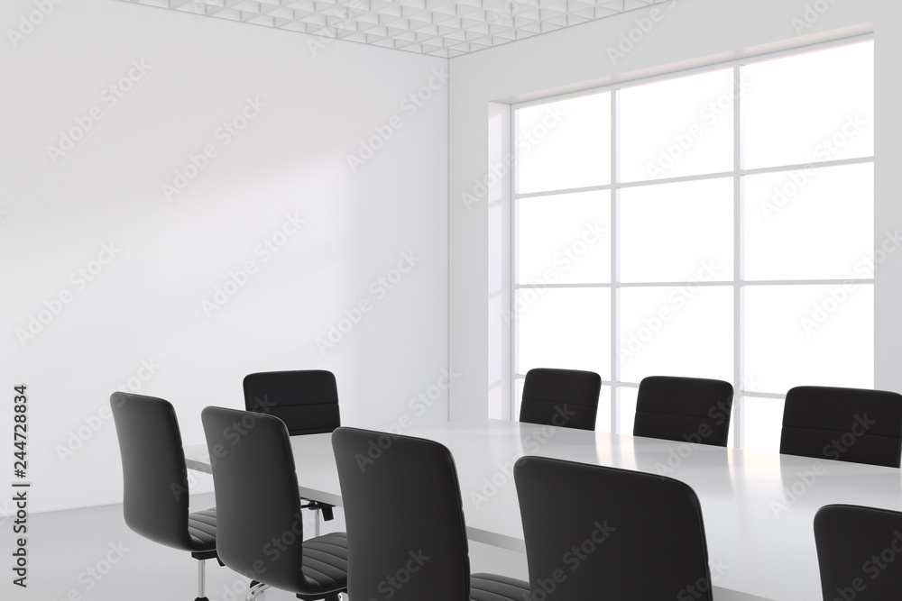 White office and blank banner in interior with large window. 3D Rendering. White office and blank banner in interior with large window. 3D Rendering.