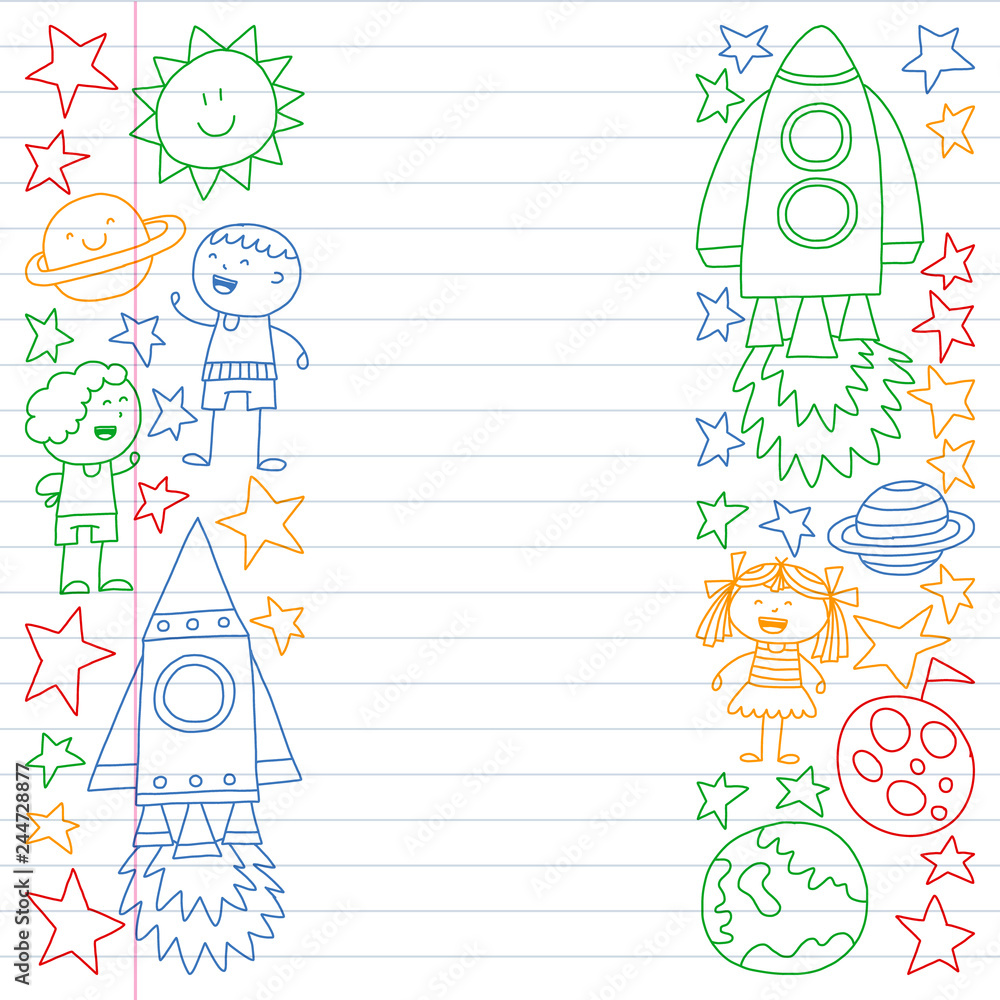 Vector set of space elements icons in doodle style. Painted, colorful, gradient, on a sheet of checkered paper on a white background. Vector set of space elements icons in doodle style. Painted, colorful, gradient, on a sheet of checkered paper on a white background.
