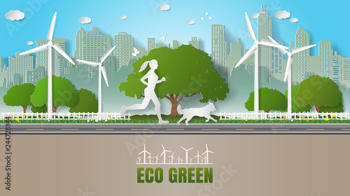 Paper folding art origami style vector illustration Renewable energy ecology sustainable development technology with people concepts, woman and her dog running in city parks where full of wind turbine