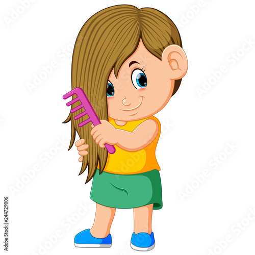 the girl is combing her hair with the pink comb