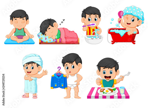 the collection of the boy doing the daily activities