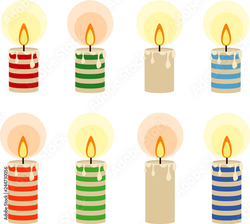 Vector set of colorful candles. Burning candles with stripes of different colors and ordinary.