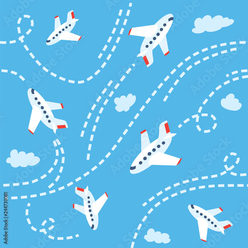 Seamless pattern with funny planes in the sky photo