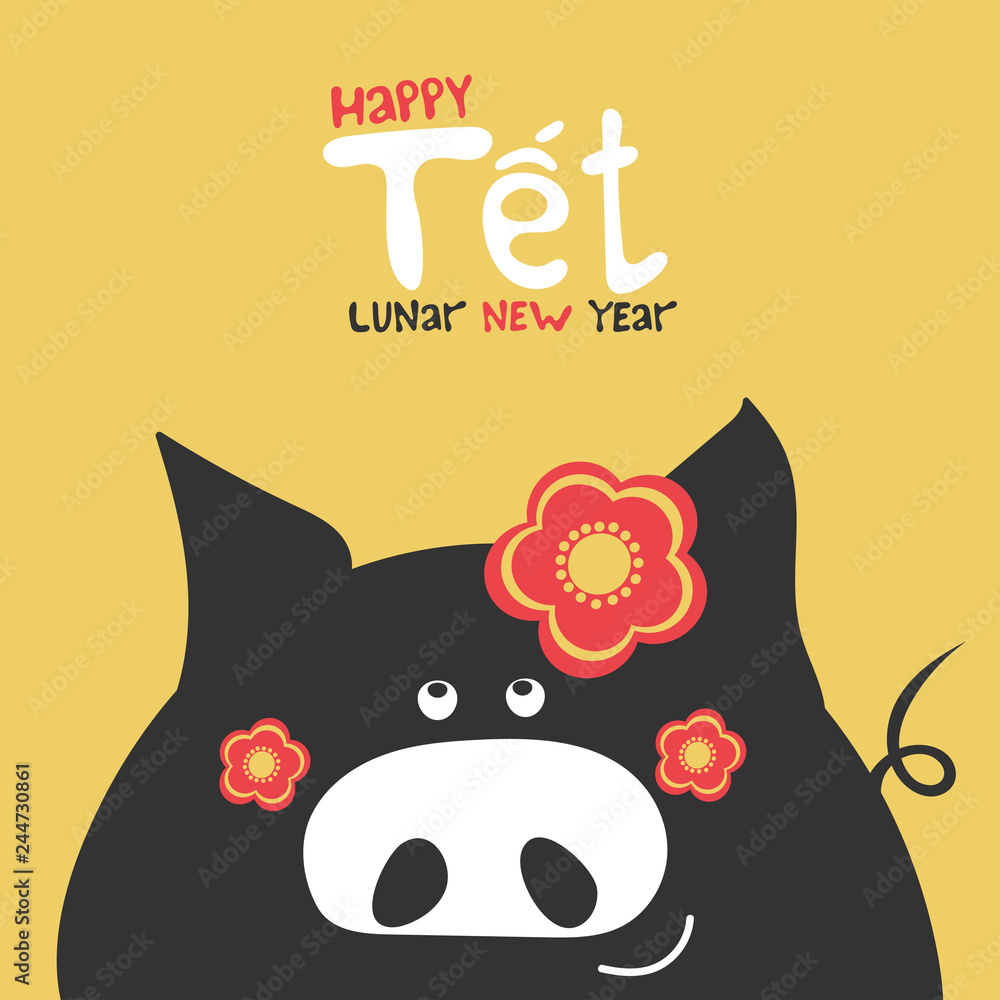 Tet - happy lunar new year, Vietnam holiday greeting card. 2019 chinese new  year banner design. Cute cartoon vietnamese black pig with red plum blossom  flowers. Spring season yellow background. Stock Vector