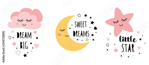 Vector pink sleepy moon star cloud kids designs Childish style pink color
