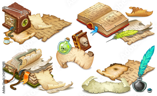 Set isometric books of magic spells and witchcraft, royal scrolls and parchments, old paper. Fairy tale icon in cartoon style  for computer game. Isolated 3d vector illustration.