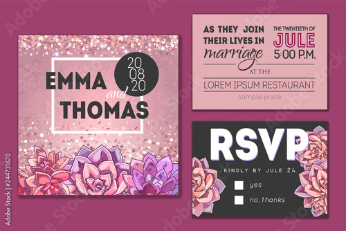 Floral wedding invitation set. Collection of different invite cards decorated with succulents and rose glitter. Save the date, rsvp vector cards.