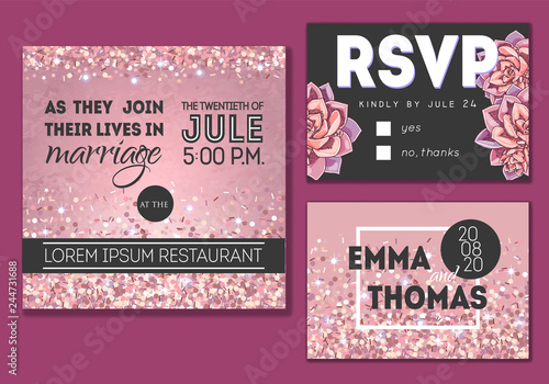 Floral wedding invitation set. Collection of different invite cards decorated with succulents and rose glitter. Save the date, rsvp vector cards.