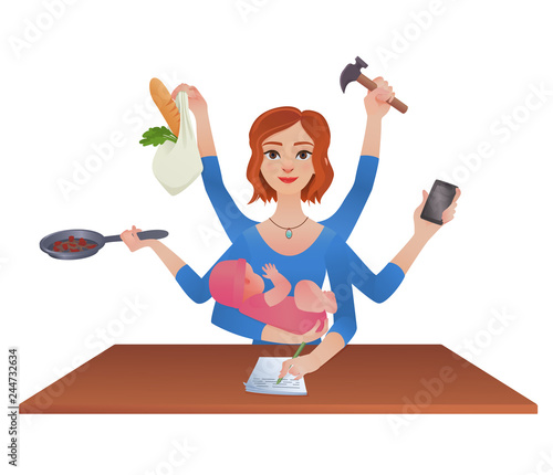 busy woman with baby, working at many things: phone, documents, hammer, grocery bag, pan. Isolated vector illustration.