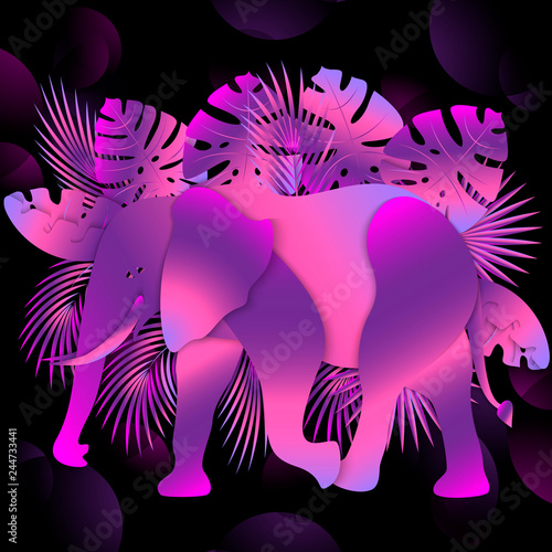 Neon elephant on futuristic black background with exotic palm leaves. Art collage, 3d vector illustration. Paper cut out style.
