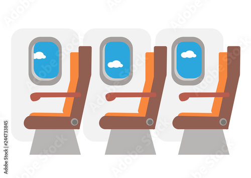Commercial aircraft cabin. Rows of seats down the aisle. Vector illustration with white background.