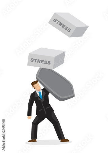 Businessman using a shield to protect himself from the stress. Concept of corporate security against stress. Isolated vector illustration.