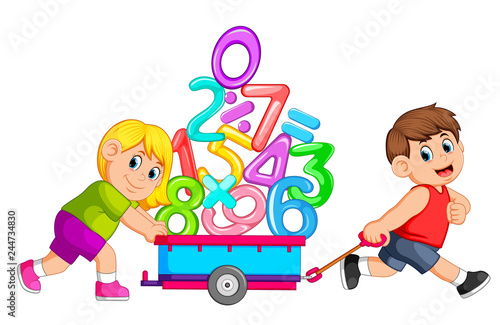 Boy pulling and girl pushing wagon of numbers