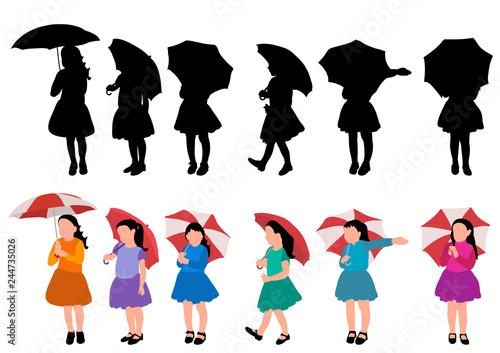 vector, on a white background, faceless silhouette little girl with umbrella, set, collection