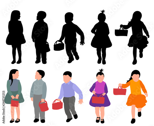 vector, on a white background, faceless child with a basket, set