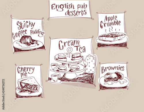 classic english desserts hand drawn vector labels