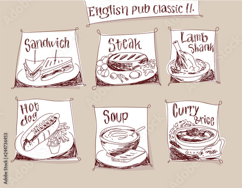 english_pub_classicclassic english pub meals hand drawn vector labels