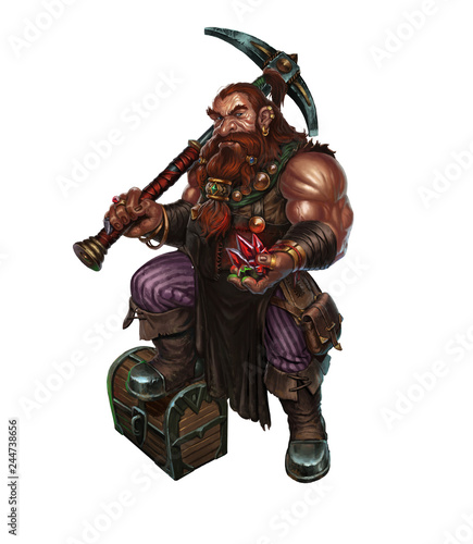 Dwarf with a pick and diamonds on white