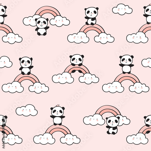 Seamless pattern with cute pandas, rainbows and clouds for children's textiles, wallpapers, gift wraps and scrapbook. Vector.