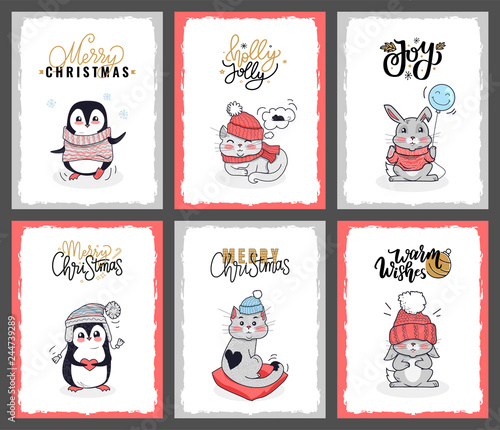 Set of Animals with Calligraphy Lettering Wishes