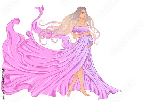 Illustration of a pregnant young woman in a long pink and lilac fluttering dress and with long hair. Vector color illustration isolated on white background