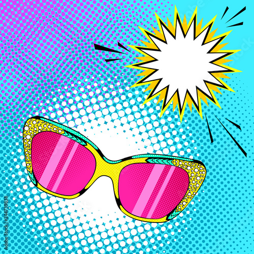 Vector bright colored background in Pop Art style. Illustration of sunglasses with bright pink glass. Retro comic style