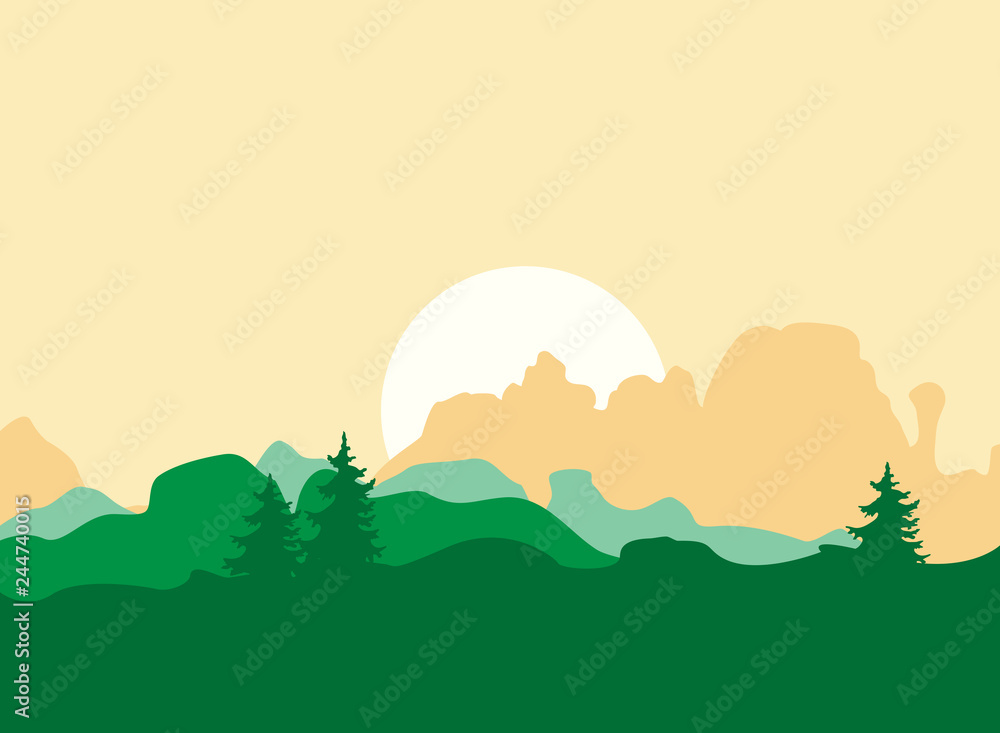 Vector Morning Background with Mountains, and Trees