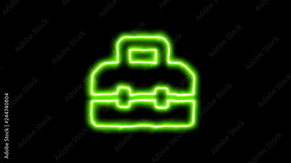 The appearance of the green neon symbol toolbox. Flicker, In - Out. Alpha channel Premultiplied - Matted with color black The appearance of the green neon symbol toolbox. Flicker, In - Out. Alpha channel Premultiplied - Matted with color black