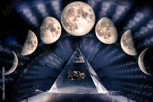 Phases of the Moon: waxing crescent, first quarter, waxing gibbous, full moon, waning gibbous, third guarter, waning crescent, new moon. Sacred geometry, The elements of this image furnished by NASA.