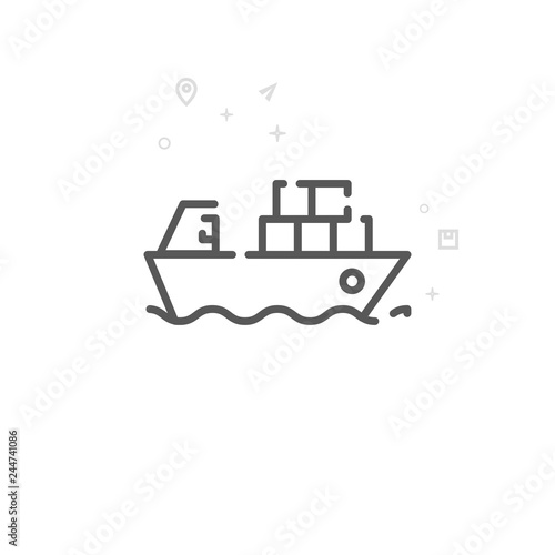 Container Ship Vector Line Icon. Shipping Symbol, Pictogram, Sign. Light Abstract Geometric Background. Editable Stroke. Adjust Line Weight. Design with Pixel Perfection.