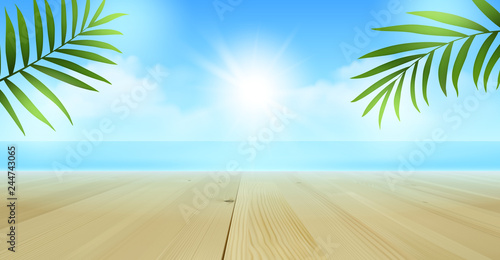 Vector realistic tropical beach background with empty wooden table top, palm leaves, blue sea and sunny sky  © Murina Natalia