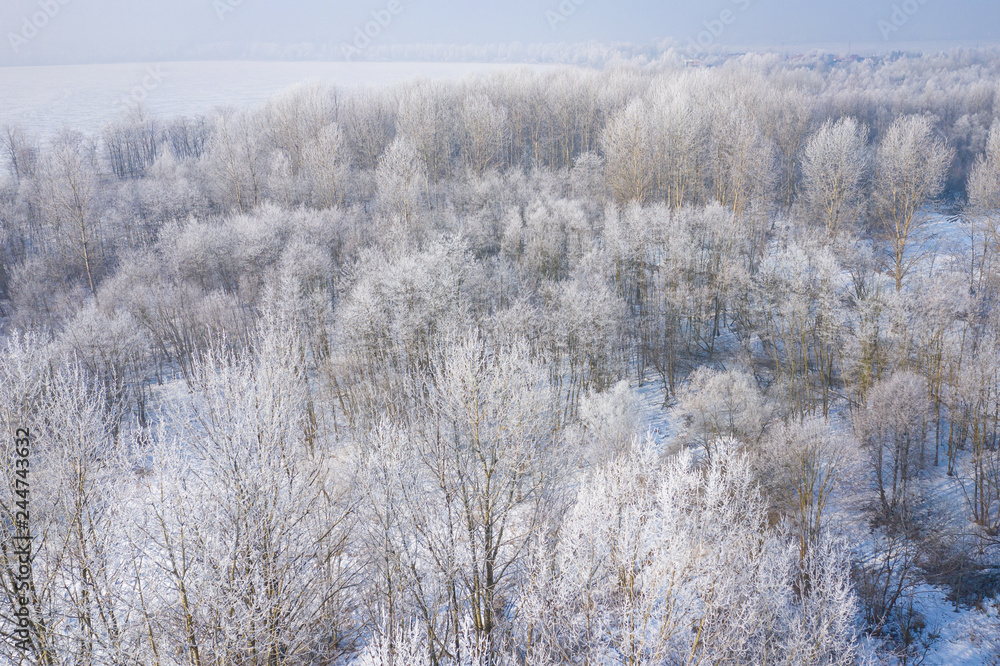 Rime and hoarfrost covering trees. Aerial view of the snow-covered forest and lake from above. Winter scenery. Landscape photo captured with drone. Rime and hoarfrost covering trees. Aerial view of the snow-covered forest and lake from above. Winter scenery. Landscape photo captured with drone.