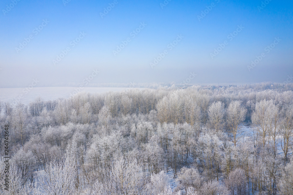 Rime and hoarfrost covering trees. Aerial view of the snow-covered forest and lake from above. Winter scenery. Landscape photo captured with drone. Rime and hoarfrost covering trees. Aerial view of the snow-covered forest and lake from above. Winter scenery. Landscape photo captured with drone.
