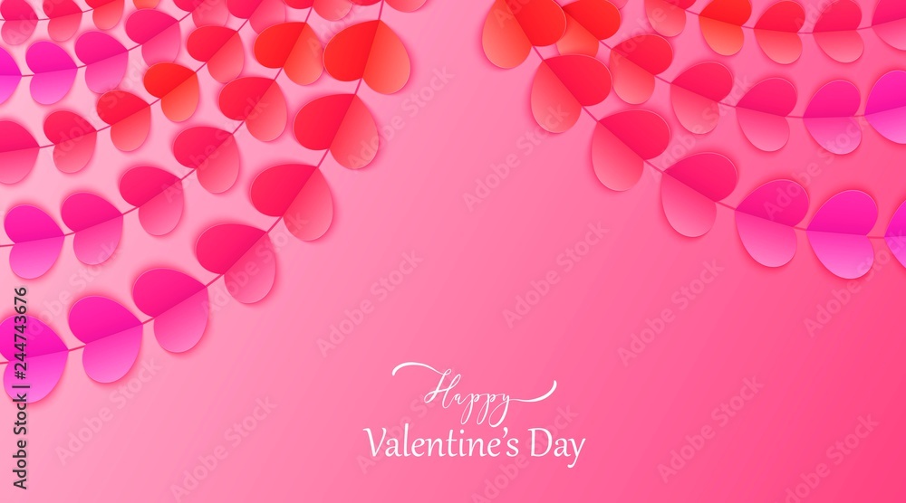 Happy Valentine's day vector background with red and pink hearts. Paper art garlands with colorful hearts,