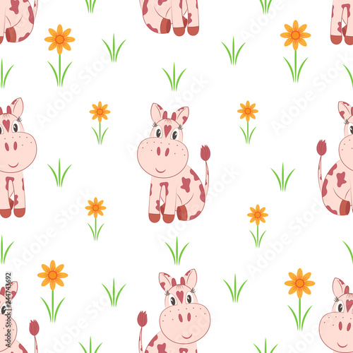 Seamless pattern. Little cows on a flower meadow.