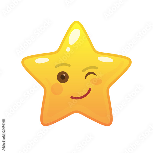 Playful star shaped comic emoticon. Winking face with facial expression. Blinking emoji symbol for internet chatting. Funny social communication animation. Mood message isolated vector element