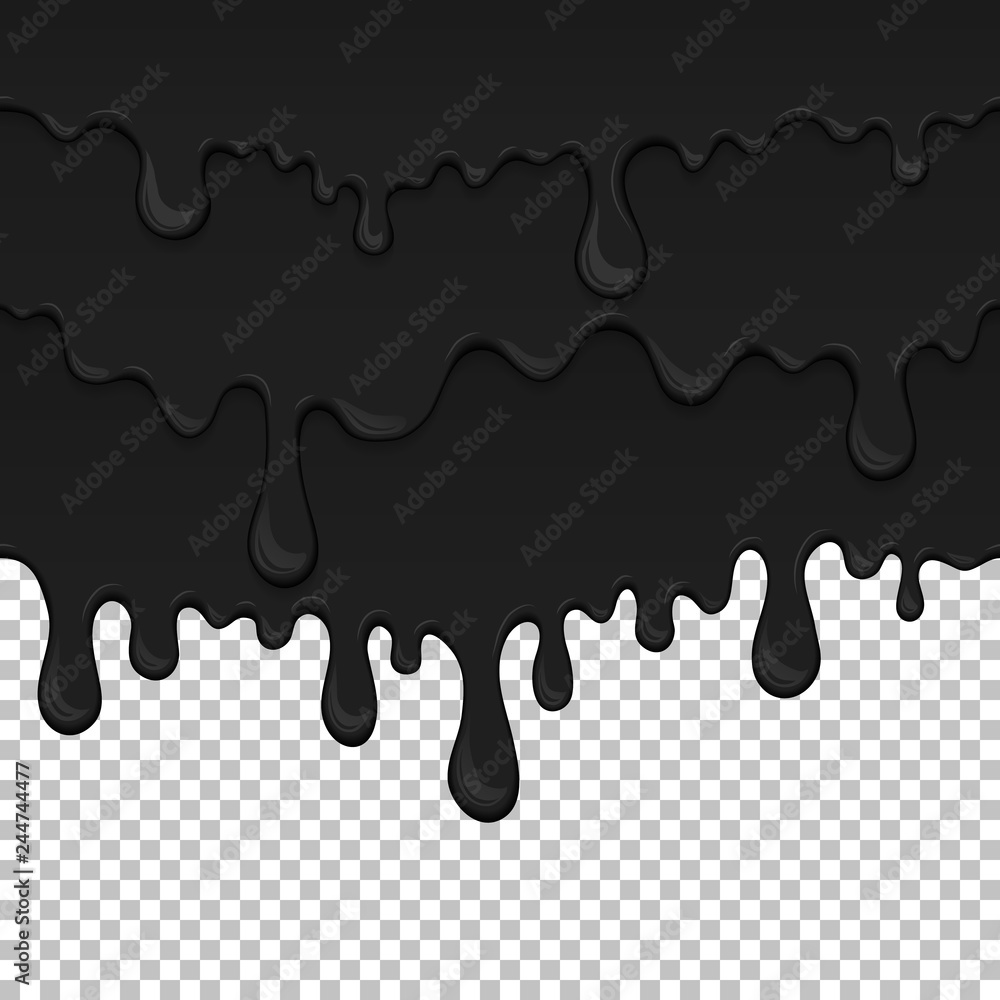 Black sticky liquid seamless element. Realistic dripping slime isolated object. Background with dark petroleum. Popular kids sensory game. Glossy black fluid flowing repeatable vector illustration