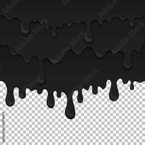 Black sticky liquid seamless element. Realistic dripping slime isolated object. Background with dark petroleum. Popular kids sensory game. Glossy black fluid flowing repeatable vector illustration