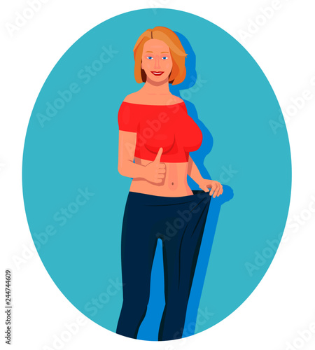 A woman shows that she lost weight. Female body after weight loss.
