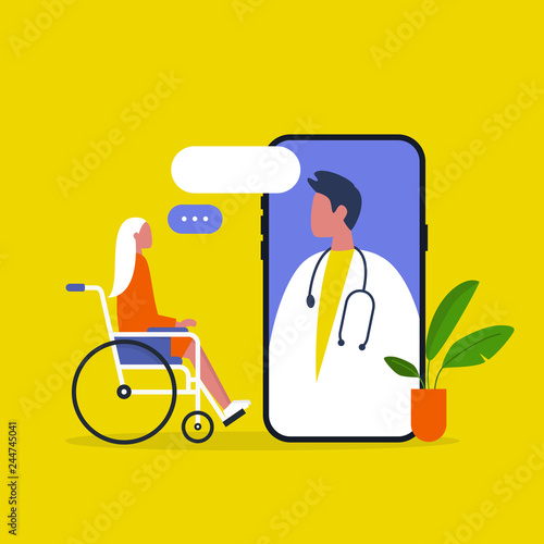 Doctor appointment. Online consultation. Modern healthcare technologies. Hospital. Young disabled female character sitting in a wheelchair. Disability. Daily life.