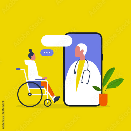 Doctor appointment. Online consultation. Modern healthcare technologies. Hospital. Young disabled female character sitting in a wheelchair. Disability. Daily life.