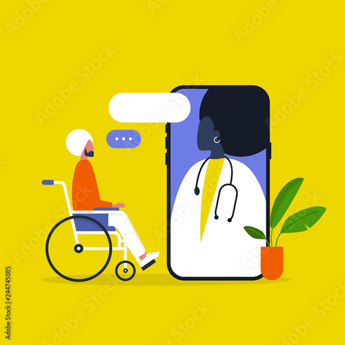 Doctor appointment. Online consultation. Modern healthcare technologies. Hospital. Young disabled indian male character sitting in a wheelchair. Disability. Daily life.