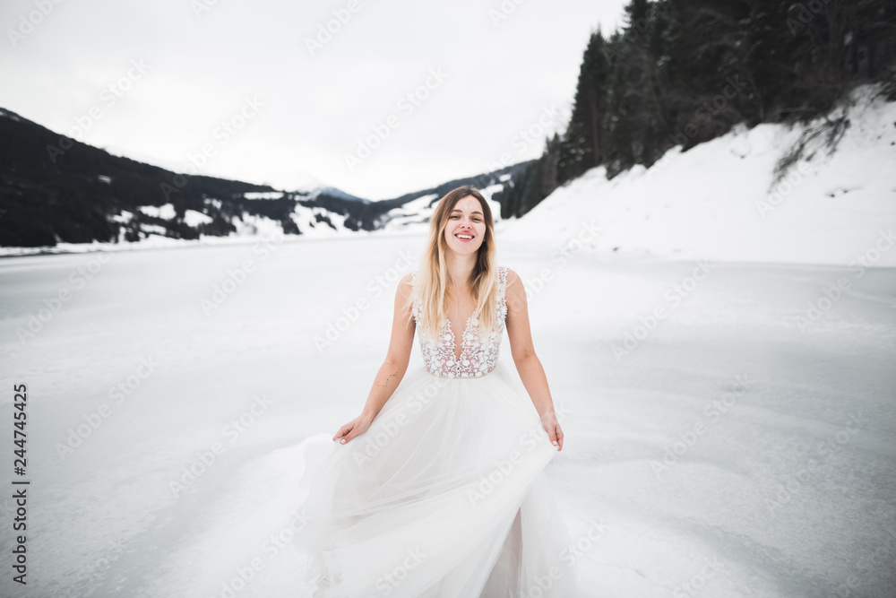 Beautiful bride posing near rocks against background the mountains Beautiful bride posing near rocks against background the mountains