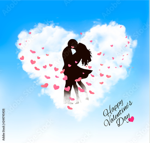 Valentine holiday background with heart cloud and silhouette. Vector.