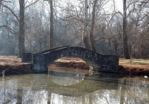 Fototapeta Naklejka Na Ścianę i Meble -  The old stone footbridge in the park on a winter day.