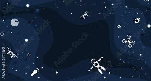 Modern robotic set vector illustration with stylish robot, drone, autonomous vehicle, flying car