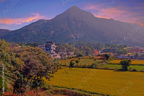 Fotografie The holy mountain Arunachala, the oldest mountain in the world in Tamil Nadu Ind
