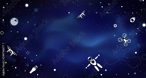 Modern robotic set vector illustration with stylish robot, drone, autonomous vehicle, flying car