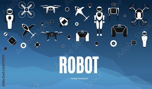 Modern robotic set vector illustration with stylish robot, drone, autonomous vehicle, flying car